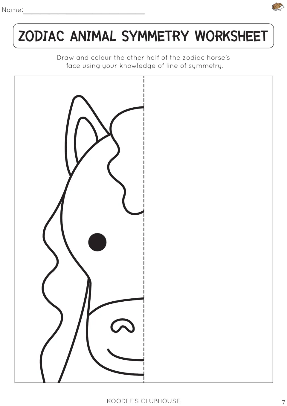 Zodiac animal symmetry worksheet 7: draw and color the missing half of a horse's face using symmetry.
