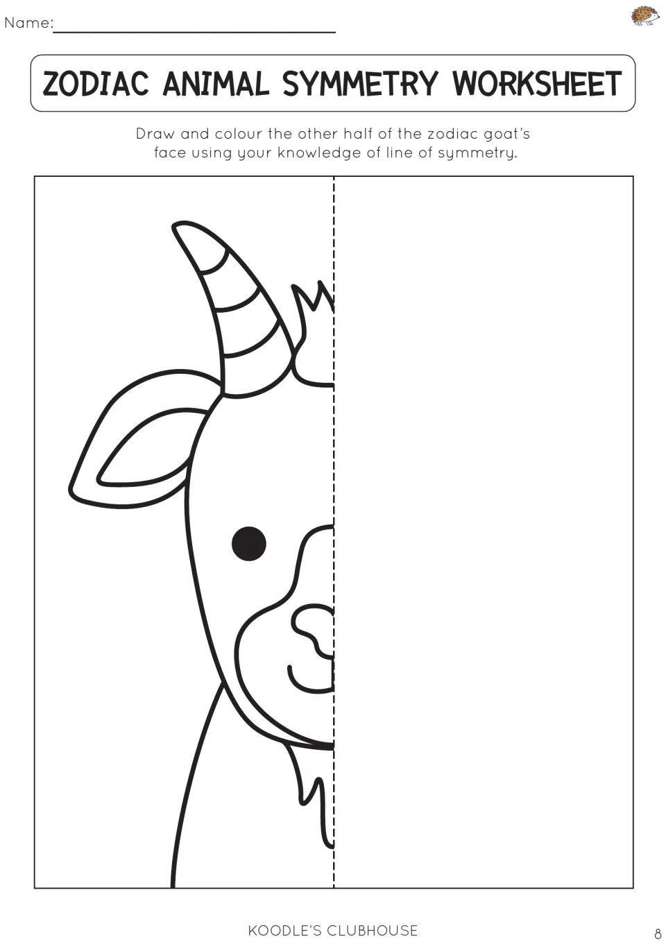 Zodiac animal symmetry worksheet 8: draw and color the missing half of a goat's face using symmetry.