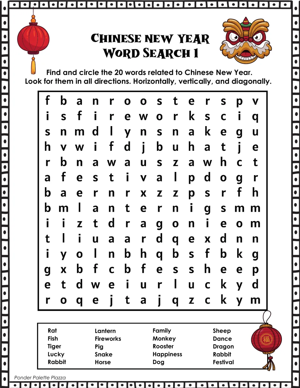 Chinese New Year word search 1 asks students to find words including rat, lantern, fireworks, and family.