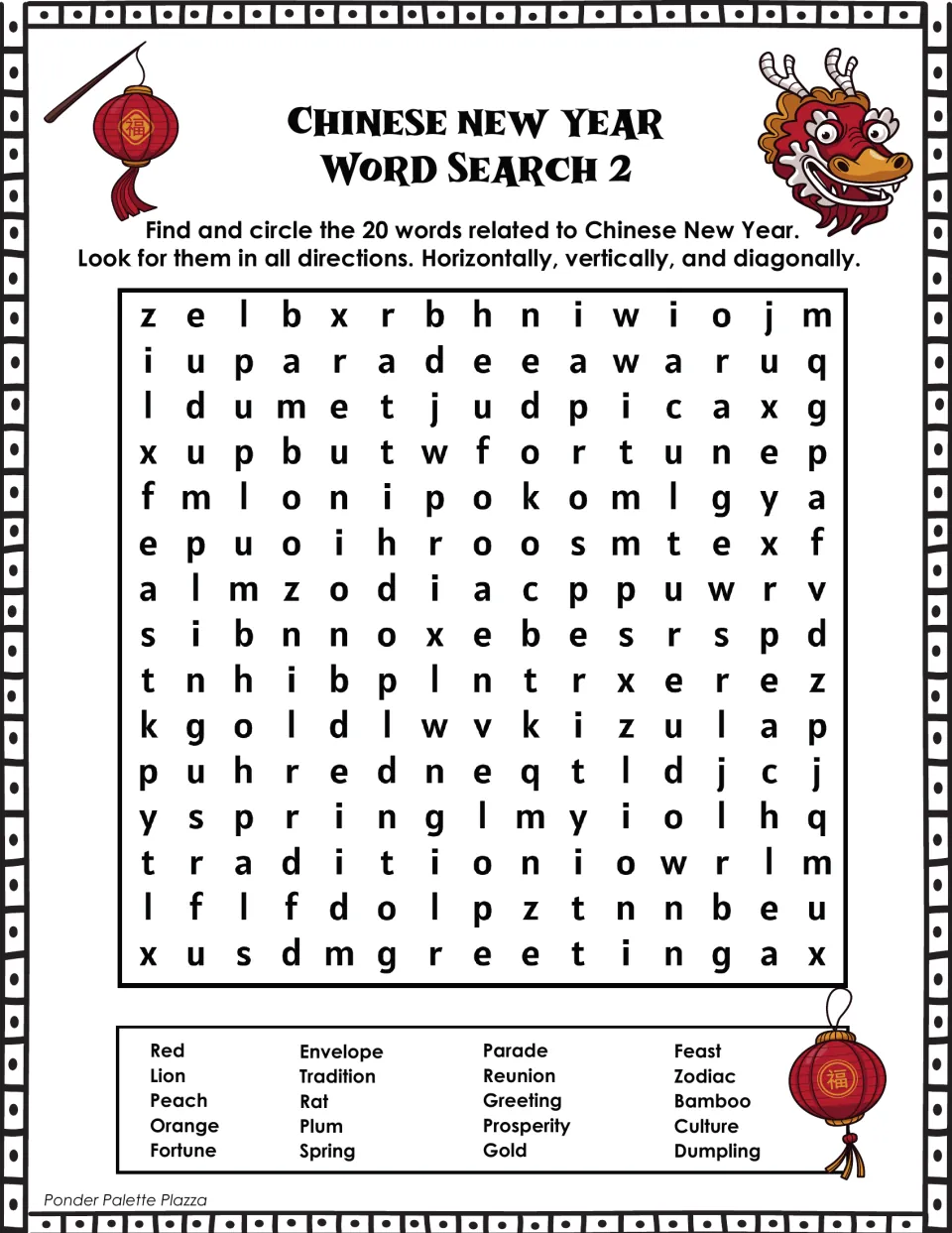Chinese New Year word search 2 asks students to find words including envelope, tradition, parade, and feast.