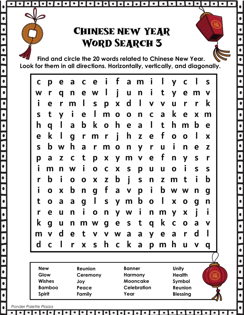 Chinese New Year word search 3 asks students to find words including wishes, harmony, mooncake, and unity.