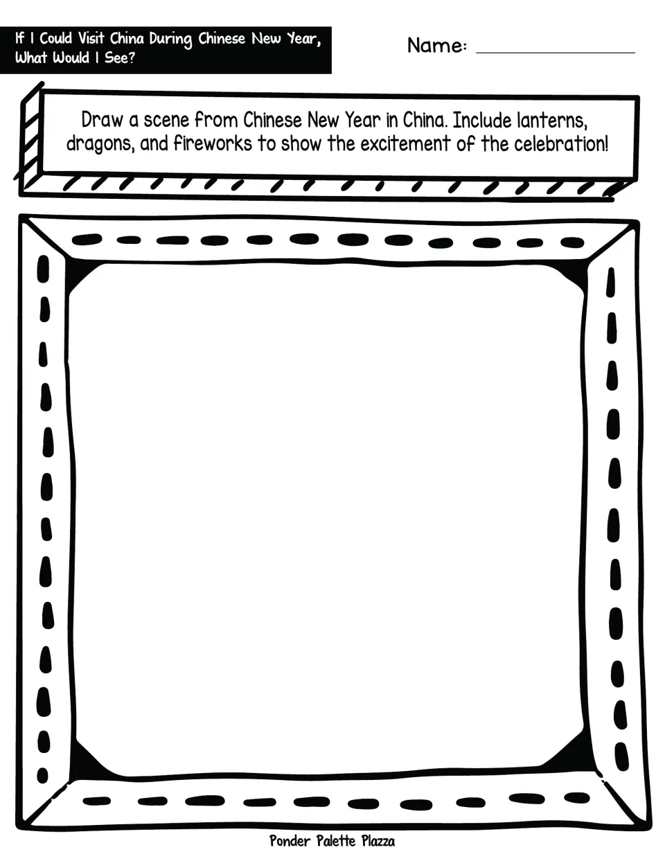 Chinese New Year in China drawing task: students draw a celebration scene that includes lanterns, dragons and fireworks