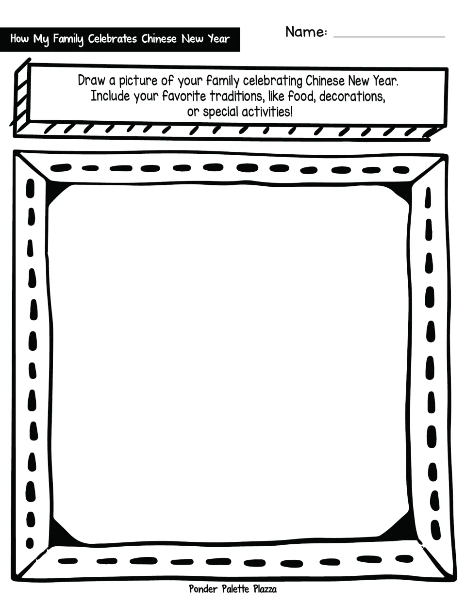 Family celebration drawing task: students draw their family at Chinese New Year with favorite foods or decorations