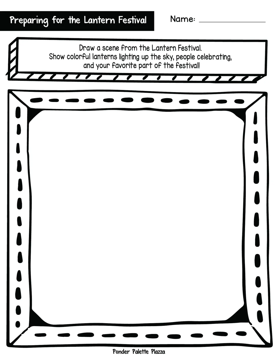 Lantern Festival drawing task: students draw a scene with colorful lanterns lighting the sky and people celebrating