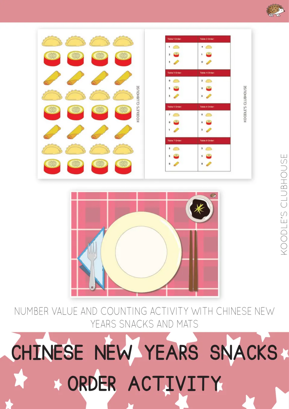 Chinese New Years Snacks Order Activity cover showing snack counters, table-order cards, and a plate mat