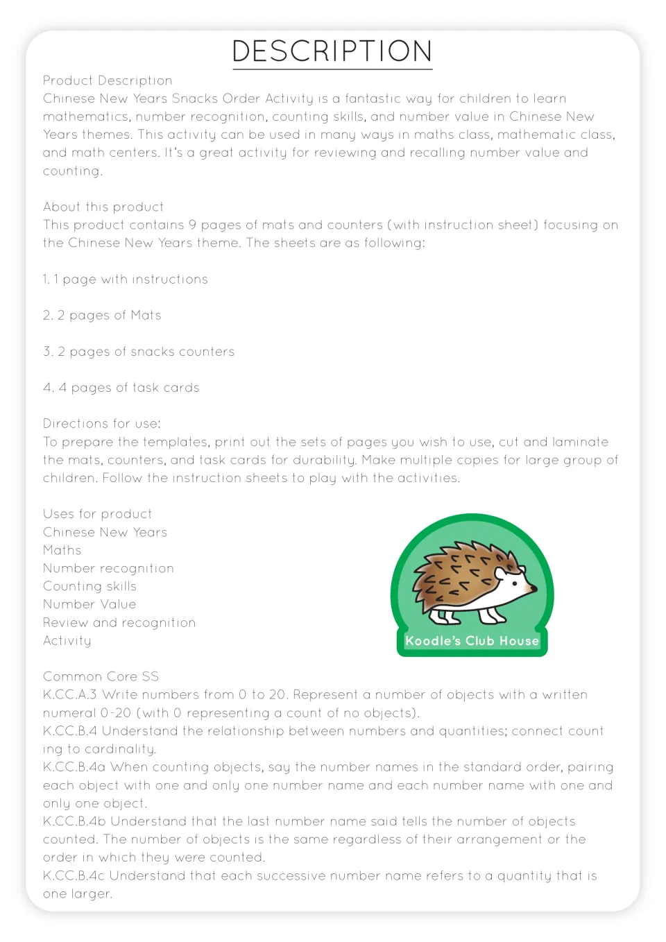 Resource overview listing nine activity pages, preparation directions, counting skills, and math standards