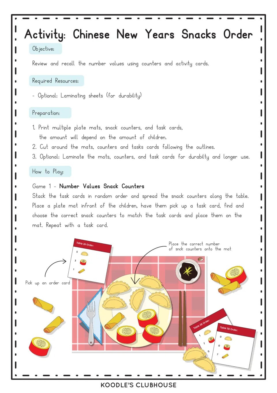 Activity instructions: choose an order card, count matching snack counters, and place them on a plate mat