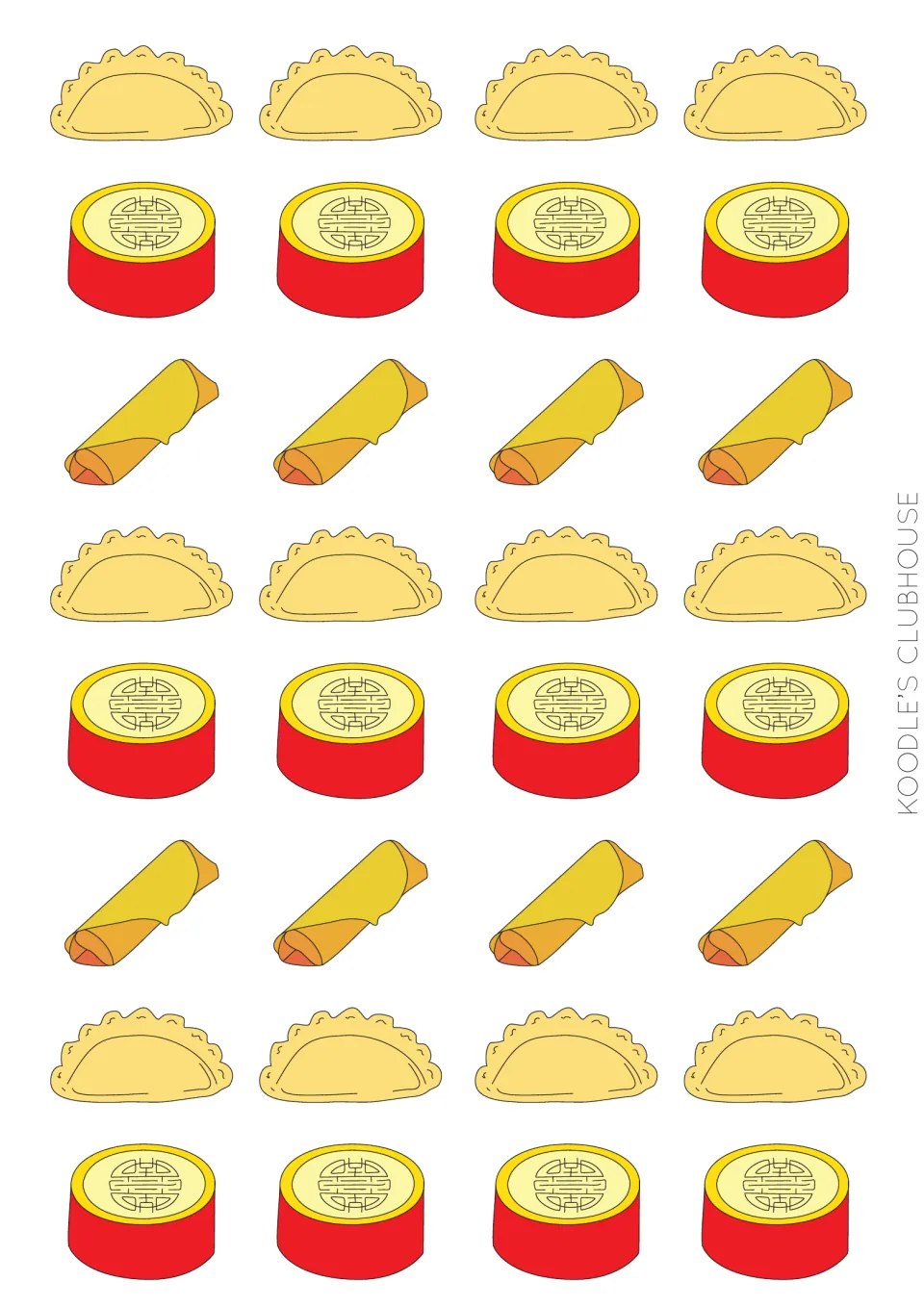 First snack counter sheet: 12 dumpling shapes, 12 round red-and-yellow snacks, and eight rolls to cut out