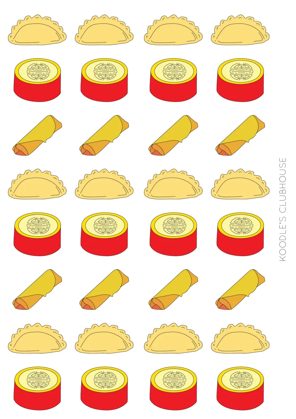 Second snack counter sheet: 12 dumpling shapes, 12 round red-and-yellow snacks, and eight rolls to cut out