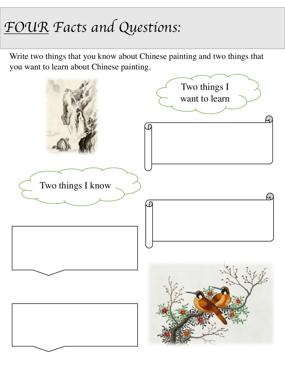 Four Facts and Questions activity asks for two things students know about Chinese painting and two questions