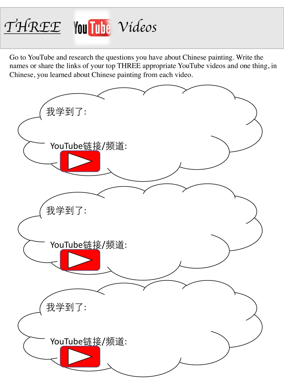 Three YouTube Videos activity asks for three video names or links and one fact in Chinese learned from each