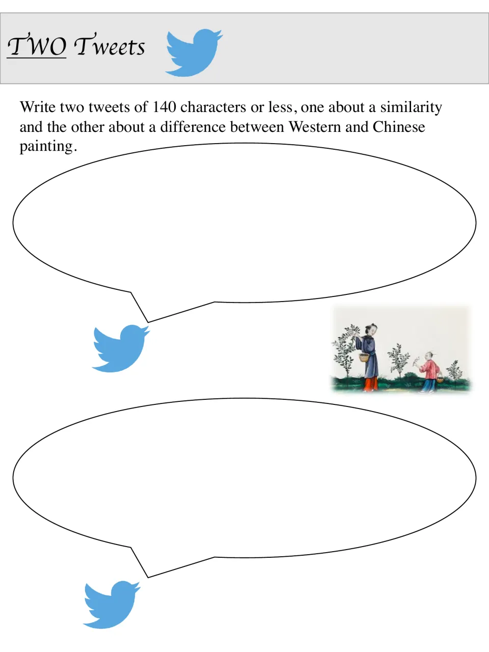 Two Tweets activity asks for a similarity and a difference between Western and Chinese painting in 140 characters
