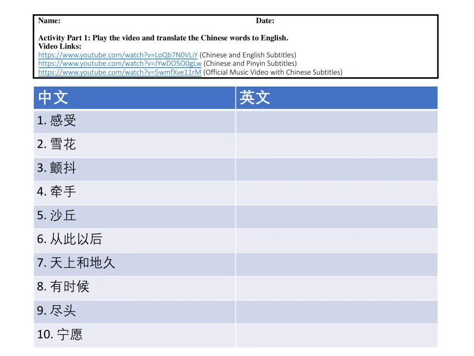 Song vocabulary activity, Part 1: translate items 1–10, including 感受 (feel) and 雪花 (snowflake), into English.