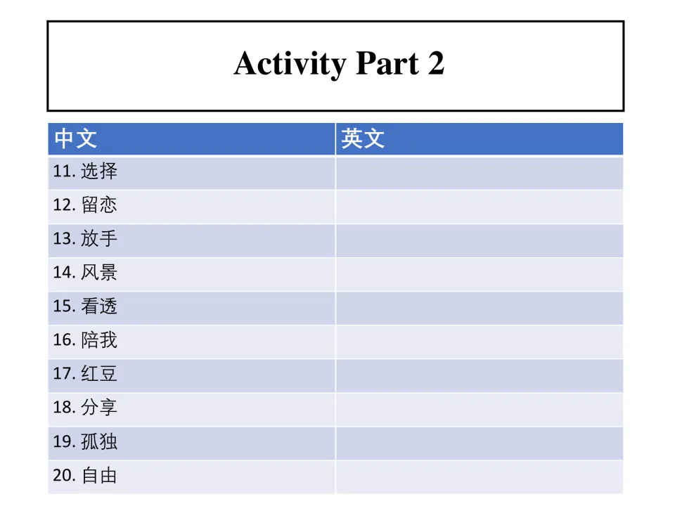 Song vocabulary activity, Part 2: translate items 11–20, including 选择 (choose) and 红豆 (red bean), into English.