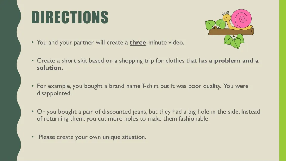 Shopping skit directions: partners create a three-minute clothing shopping video with a problem and solution