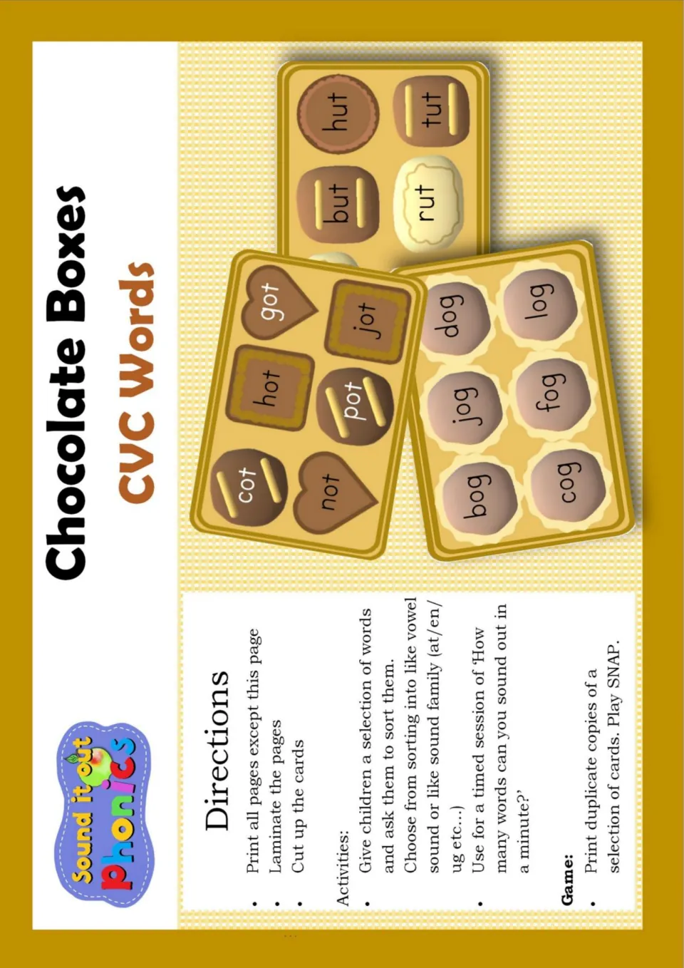Chocolate Boxes CVC Words cover with directions for preparing cards, sorting words, timed reading and SNAP