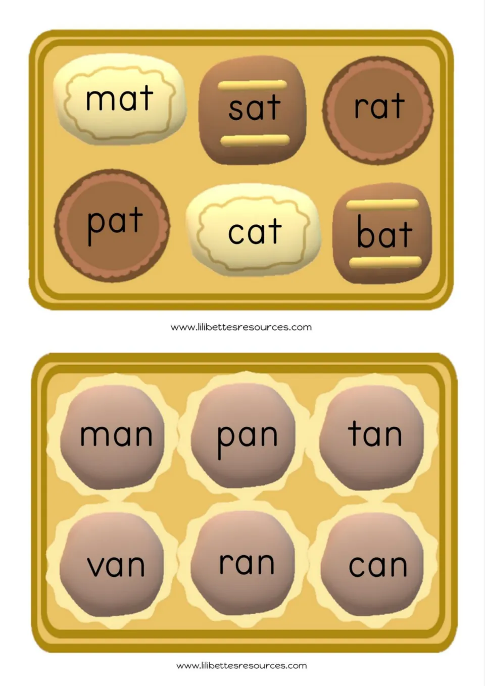Word-reading cards 1–2 for sounding out: mat, sat, rat, pat, cat, bat; man, pan, tan, van, ran, can