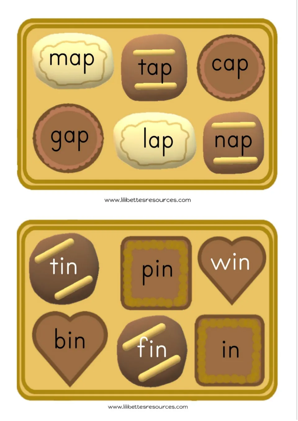 Word-reading cards 3–4 for sounding out: map, tap, cap, gap, lap, nap; tin, pin, win, bin, fin, in
