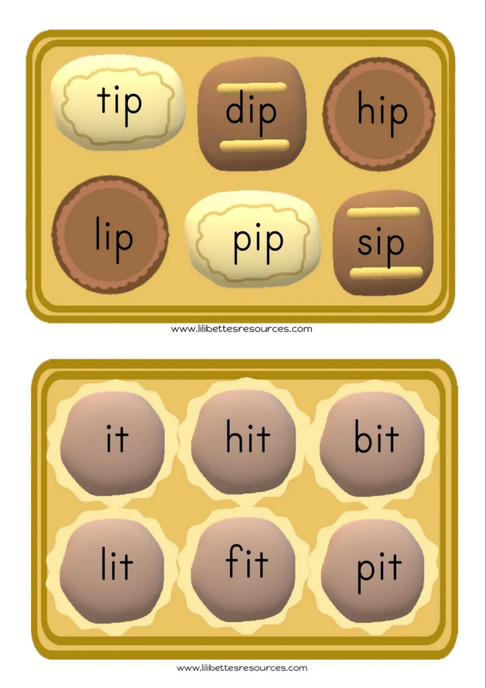 Word-reading cards 5–6 for sounding out: tip, dip, hip, lip, pip, sip; it, hit, bit, lit, fit, pit
