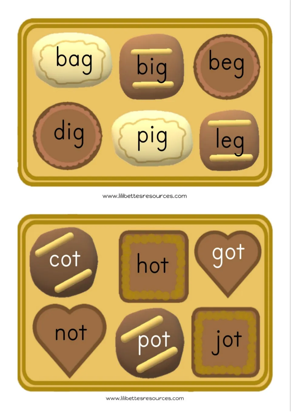 Word-reading cards 7–8 for sounding out: bag, big, beg, dig, pig, leg; cot, hot, got, not, pot, jot