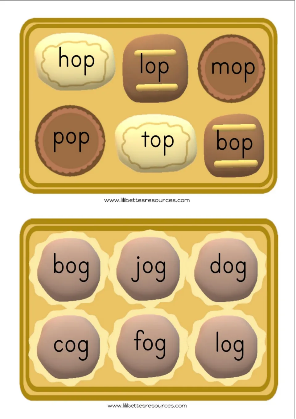 Word-reading cards 9–10 for sounding out: hop, lop, mop, pop, top, bop; bog, jog, dog, cog, fog, log