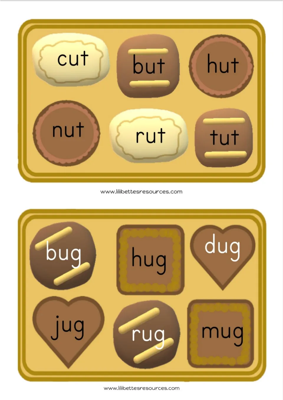 Word-reading cards 11–12 for sounding out: cut, but, hut, nut, rut, tut; bug, hug, dug, jug, rug, mug