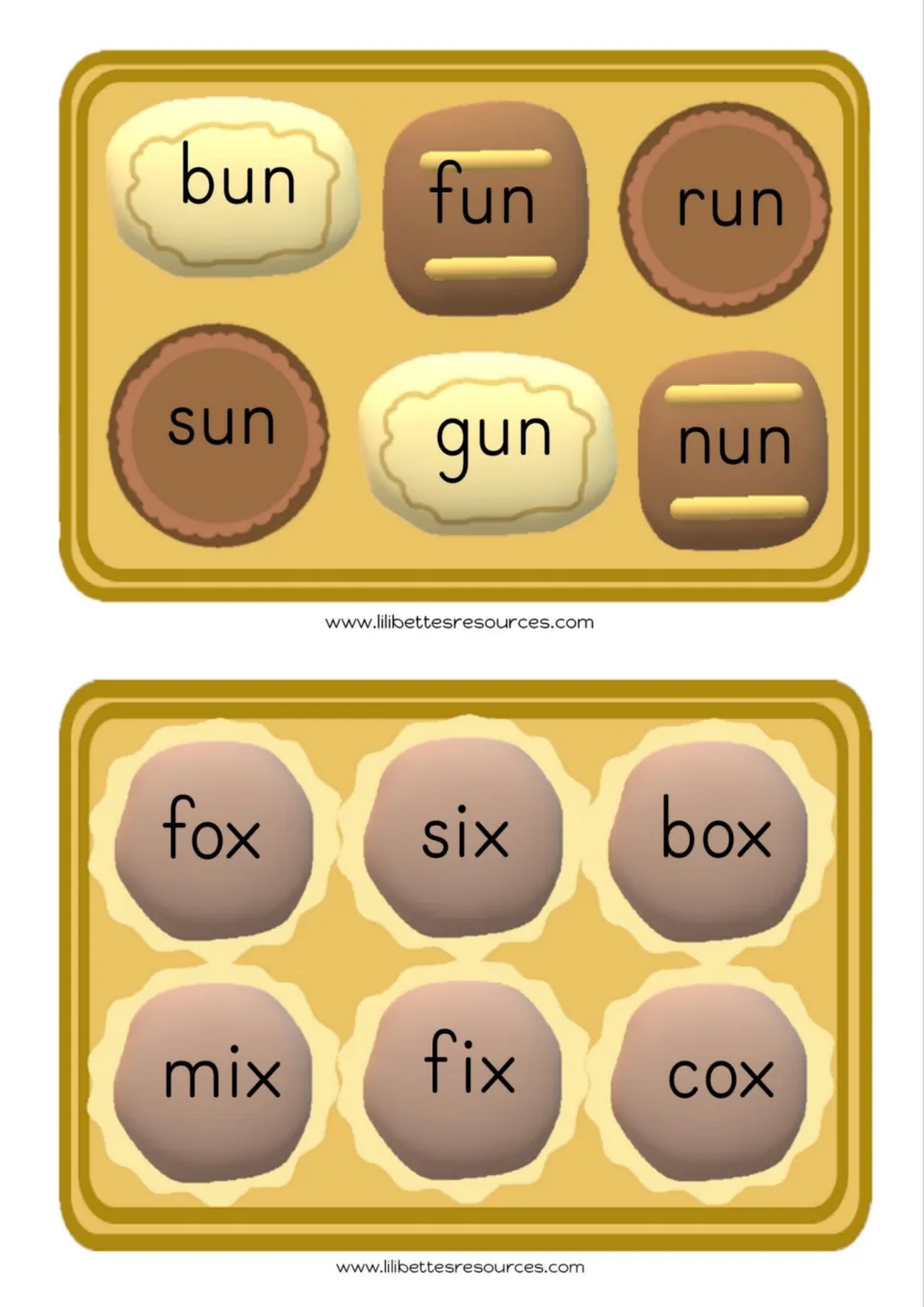Word-reading cards 13–14 for sounding out: bun, fun, run, sun, gun, nun; fox, six, box, mix, fix, cox