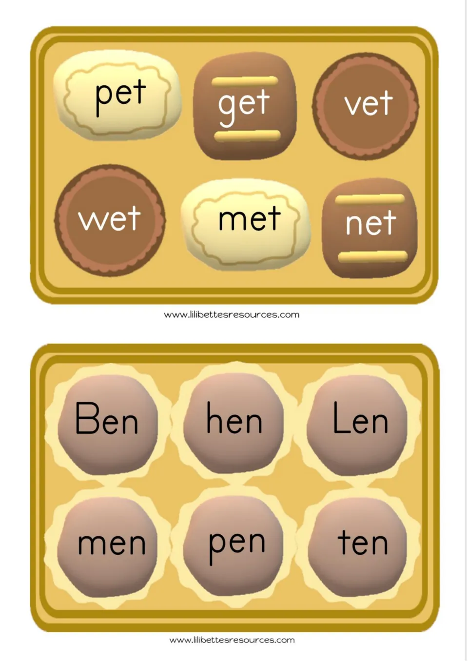 Word-reading cards 15–16 for sounding out: pet, get, vet, wet, met, net; Ben, hen, Len, men, pen, ten