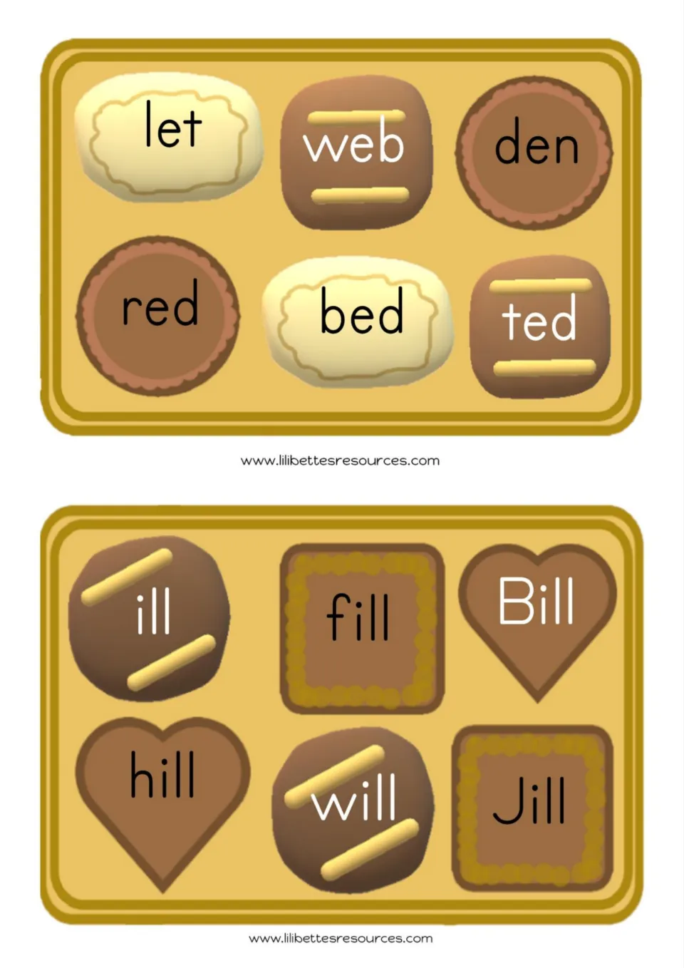 Word-reading cards 17–18 for sounding out: let, web, den, red, bed, ted; ill, fill, Bill, hill, will, Jill