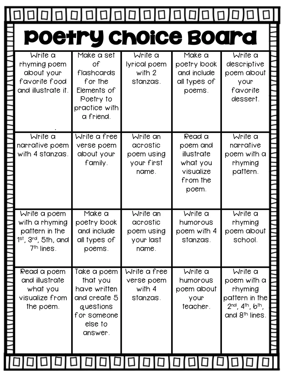 Poetry Choice Board: students pick from 20 tasks such as writing acrostic, free verse, narrative and humorous poems
