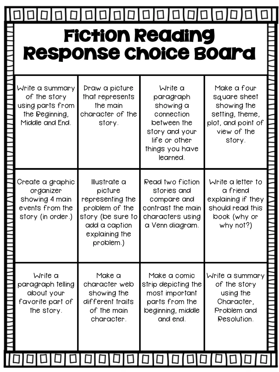 Fiction Reading Response Choice Board: 12 tasks such as story summaries, character webs, Venn diagrams and comic strips