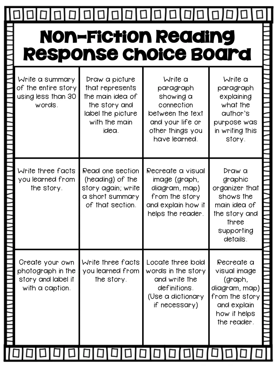Non-Fiction Reading Response Choice Board: 12 tasks on main idea, author's purpose, bold words, facts and text visuals