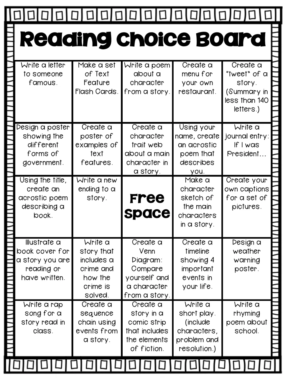 Reading Choice Board: 24 tasks plus a free space, such as acrostic poems, sequence chains, short plays and new endings