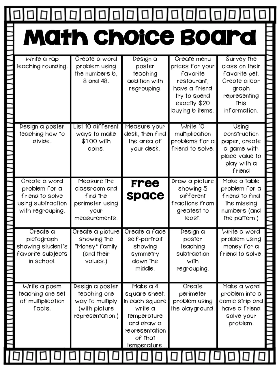 Math Choice Board: 24 tasks plus a free space, including word problems, perimeter, area, coins, fractions and bar graphs