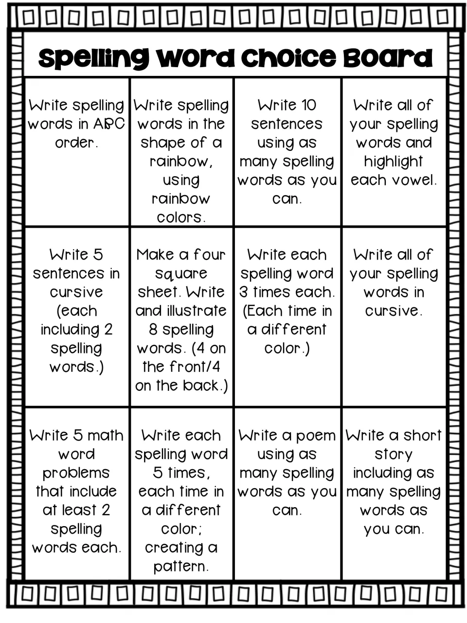 Spelling Word Choice Board: 12 ways to practise spelling words, such as ABC order, cursive, rainbow words and stories