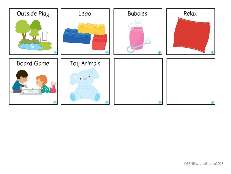 More reward picture cards: outside play, Lego, bubbles, relax, board game and toy animals, plus two blank cards to fill in