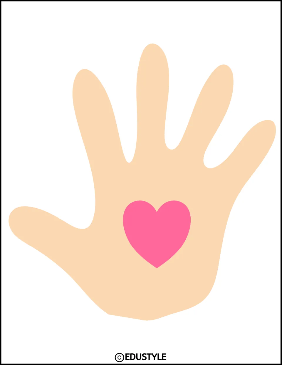 Large peach hand cutout with a pink heart and thumb pointing left, part of the kindness display kit