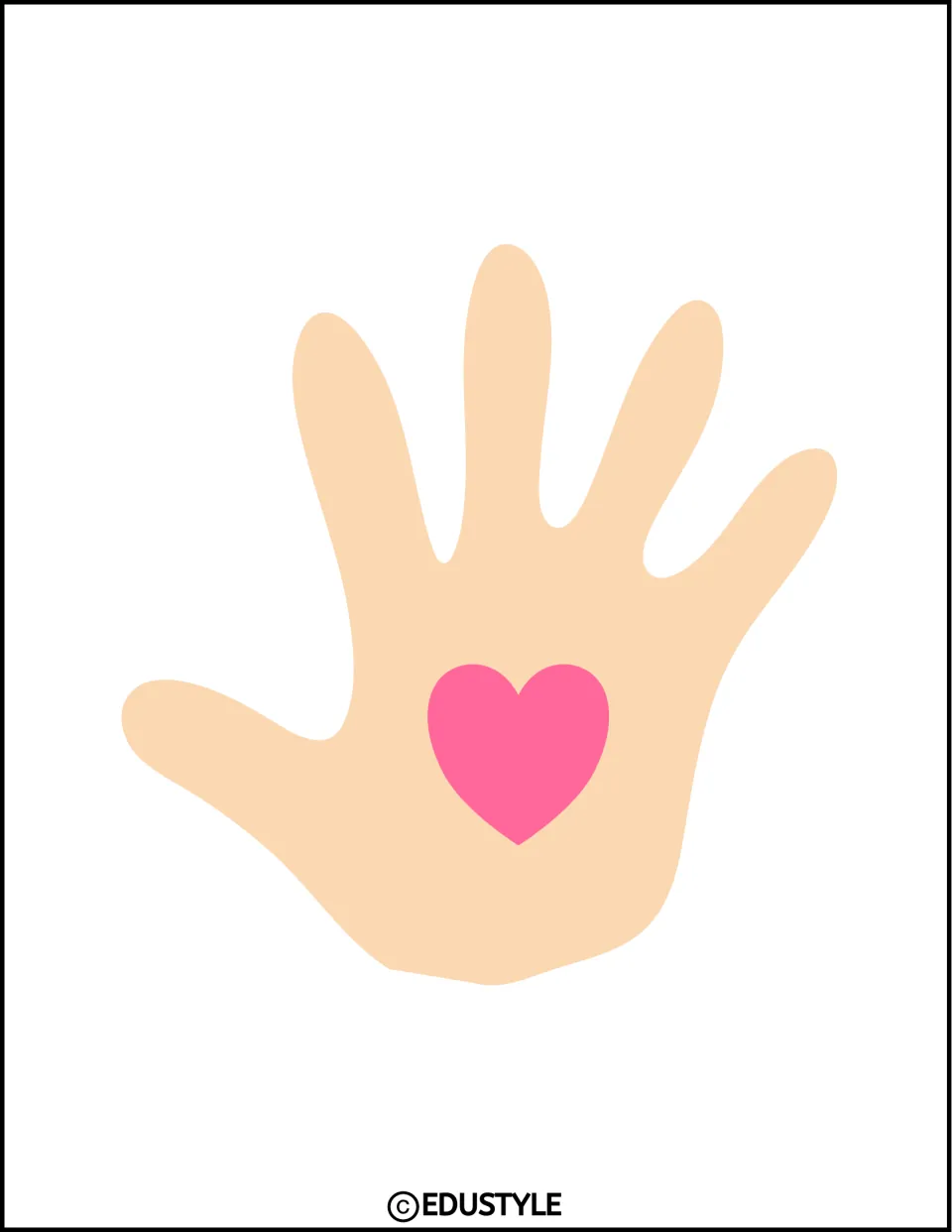 Smaller peach hand cutout with a pink heart and thumb pointing left, part of the kindness display kit