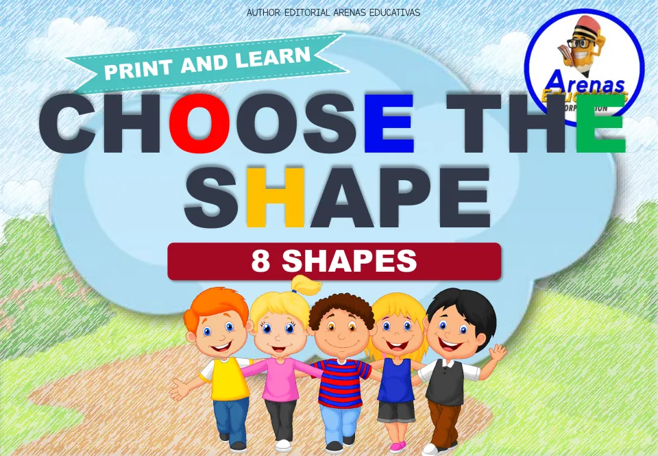 Cover of the shape-matching printable, titled 'Choose the Shape,' with 'Print and Learn' and '8 Shapes'