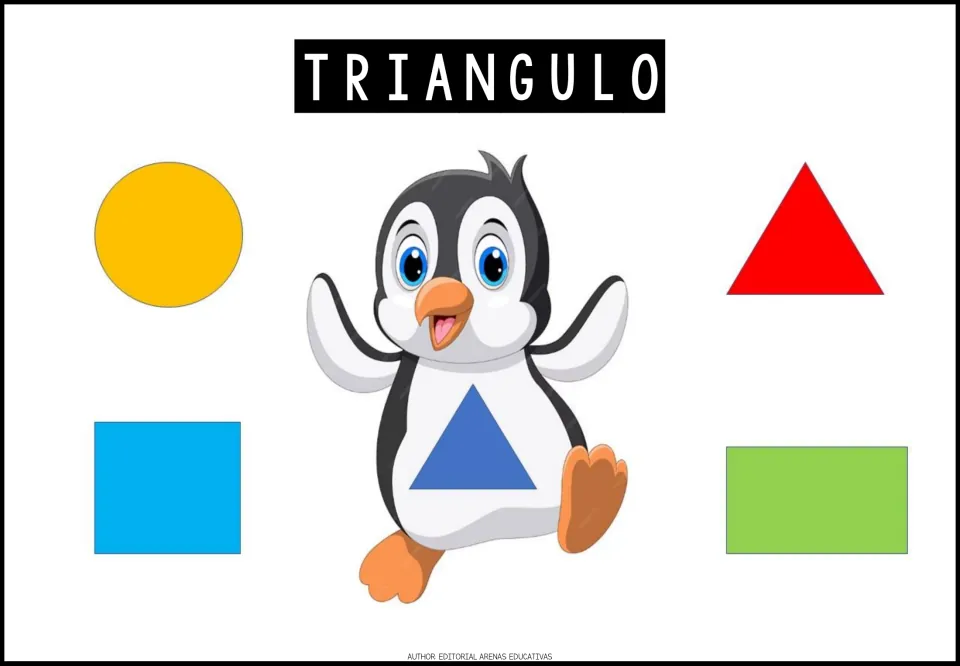 Shape exercise 1: TRIANGULO (triangle), a penguin's blue triangle, and four shapes to choose from