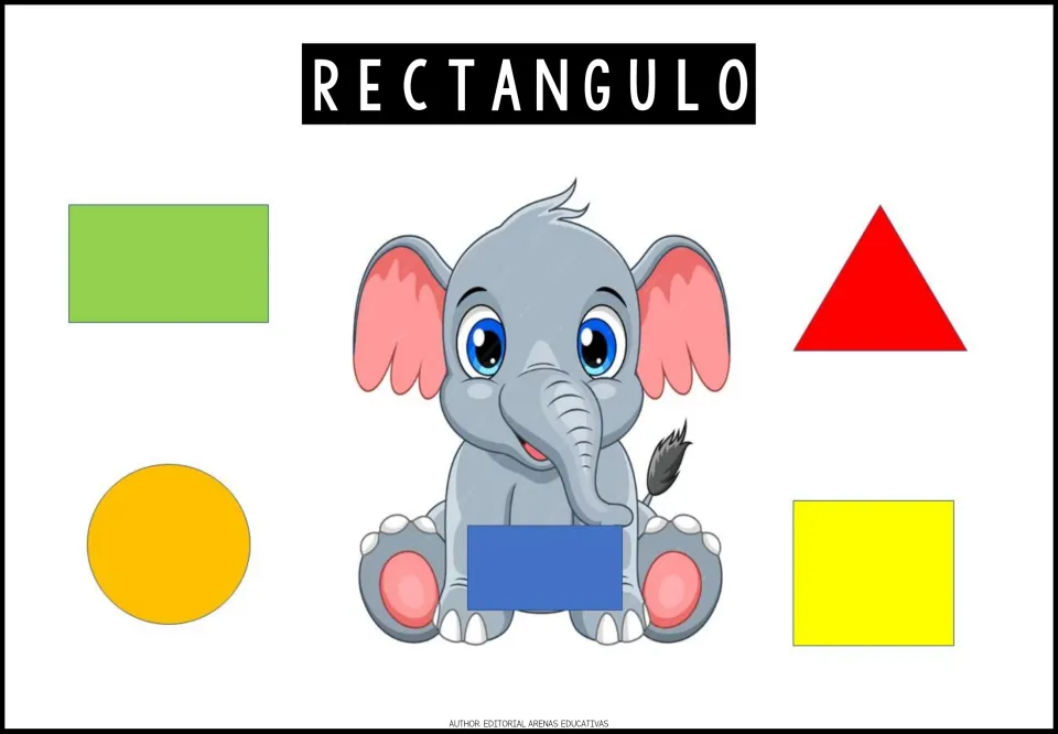 Shape exercise 2: RECTANGULO (rectangle), an elephant's blue rectangle, and four shapes to choose from