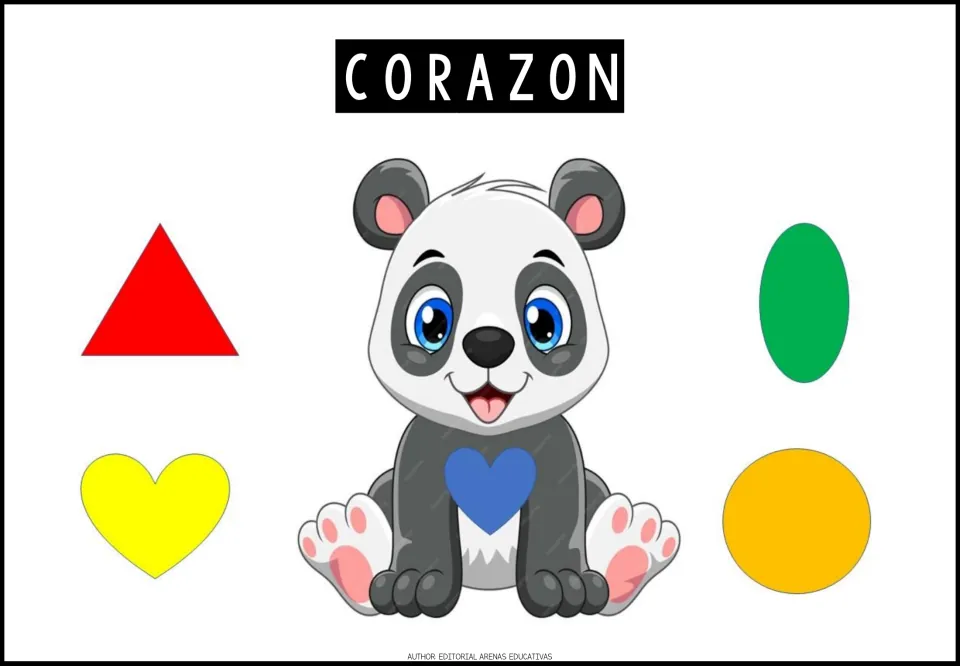 Shape exercise 3: CORAZON (heart), a panda's blue heart, and triangle, oval, heart, and circle choices