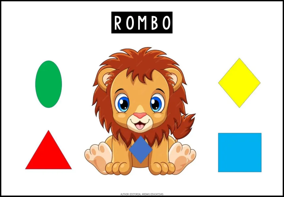 Shape exercise 5: ROMBO (rhombus), a lion's blue rhombus, and oval, rhombus, triangle, and square choices