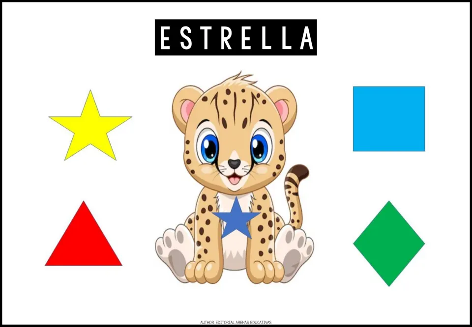 Shape exercise 6: ESTRELLA (star), a spotted cub's blue star, and four shapes to choose from