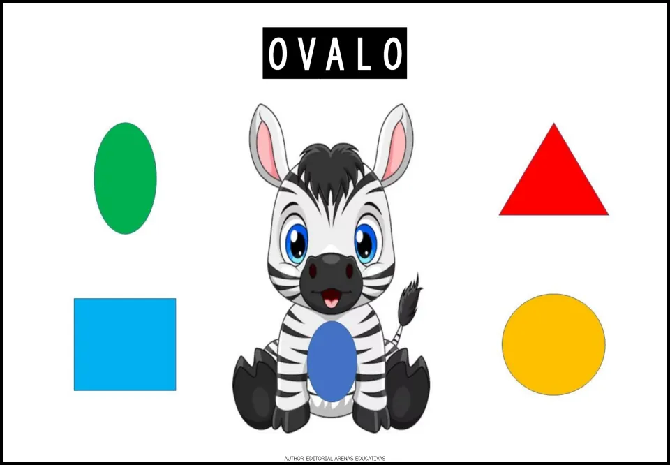 Shape exercise 7: OVALO (oval), a zebra's blue oval, and oval, triangle, square, and circle choices