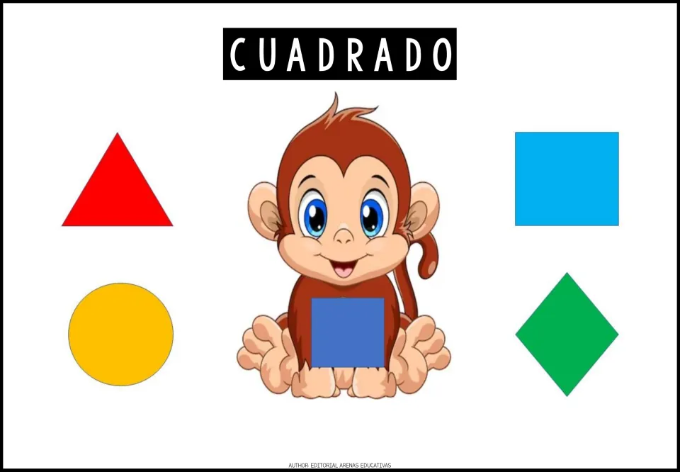 Shape exercise 8: CUADRADO (square), a monkey's blue square, and four shapes to choose from