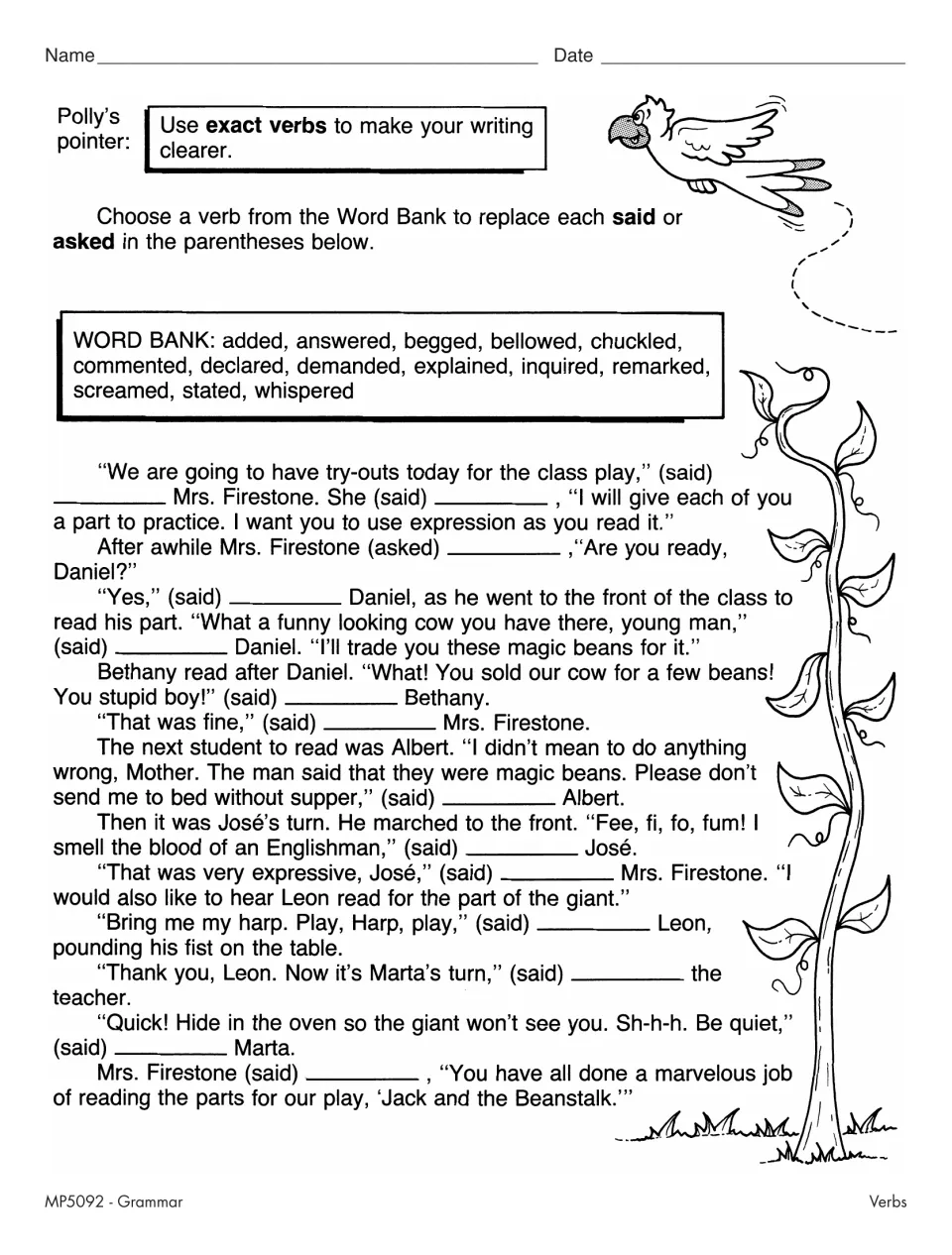Exact verb practice replaces said and asked in a class reading of Jack and the Beanstalk using a word bank.