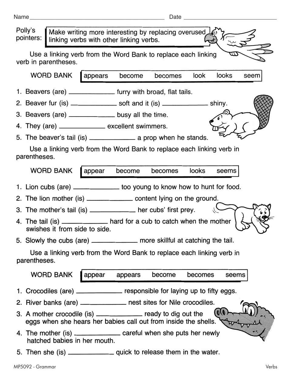Linking verb practice uses word banks to replace is and are in sentences about beavers, lions, and crocodiles.