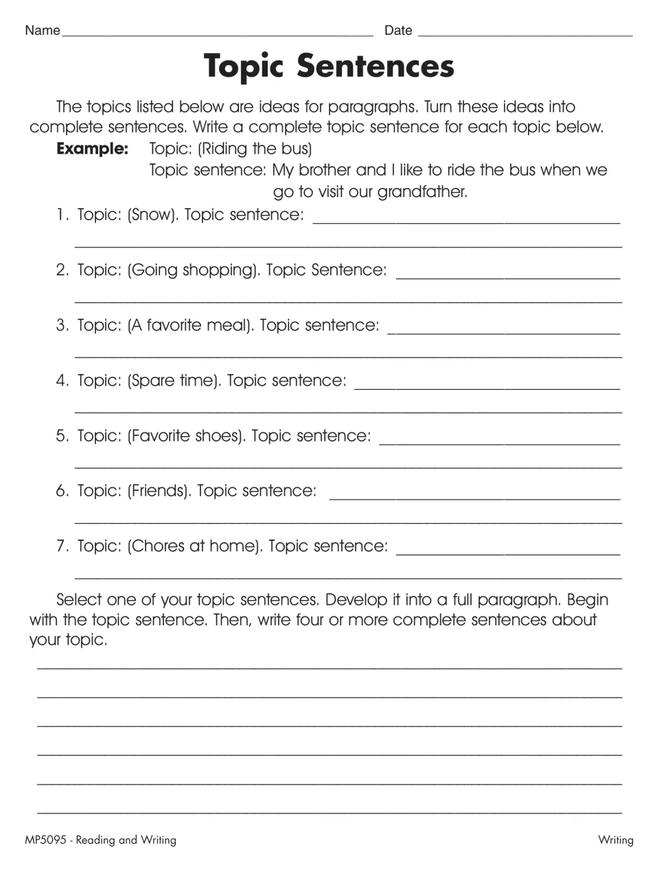 Topic sentence practice covers snow, shopping, a favorite meal, and four more topics, then asks for a paragraph.