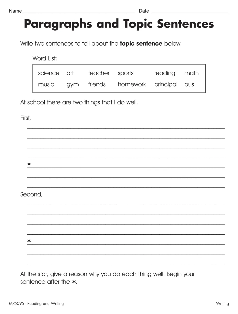 Paragraph writing expands the topic sentence 'At school there are two things that I do well' with reasons.